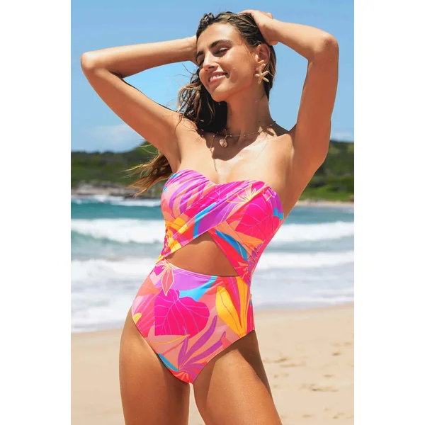 Monokini à imprimé floral abstrait avec col en cœur