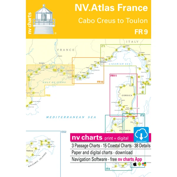 NV-CHARTS FR9 - 70 Mediterranean Sea Charts (from Cap Creus to Toulon) + 3 regulatory adhesive sheets