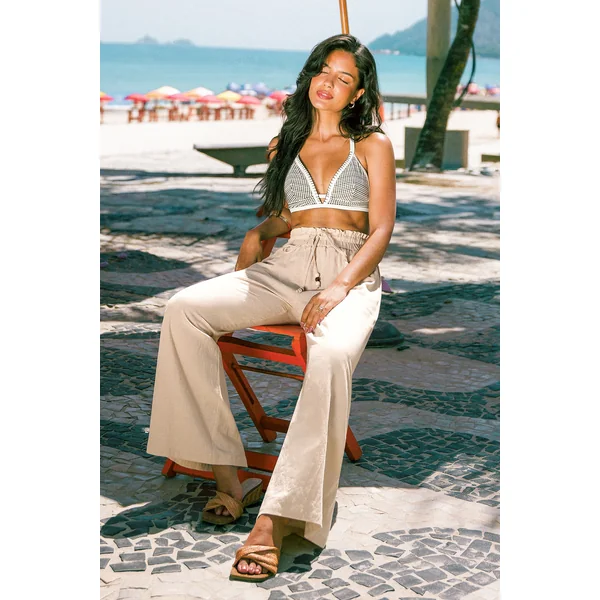Pantalon beige tissé taille élastique