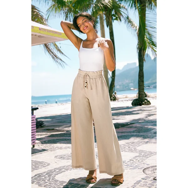Pantalon beige tissé taille élastique
