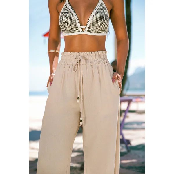 Pantalon beige tissé taille élastique