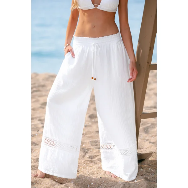 Pantalon cover up blanc tissé taille élastique