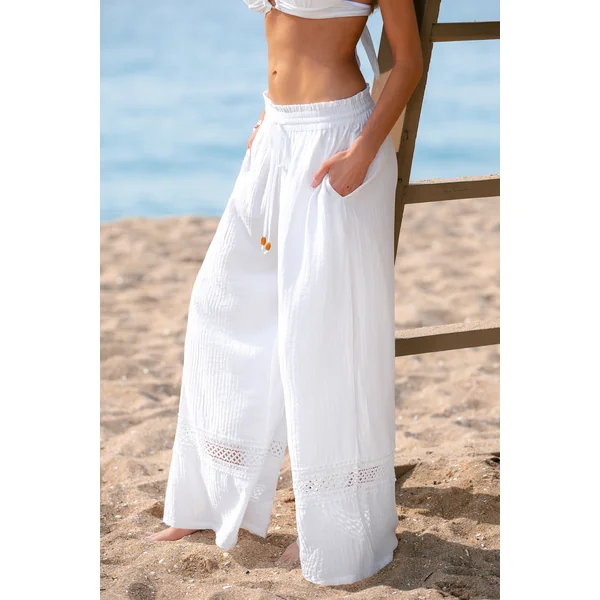 Pantalon cover up blanc tissé taille élastique