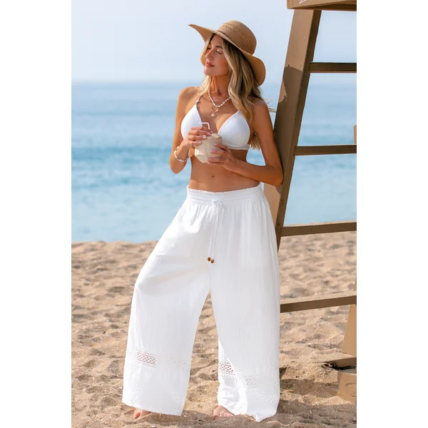 Pantalon cover up blanc tissé taille élastique