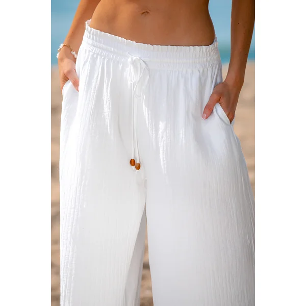 Pantalon cover up blanc tissé taille élastique