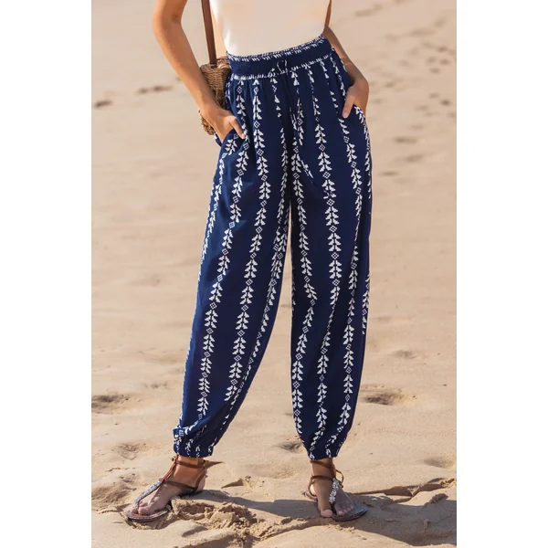 Pantalon cover up fuselé bohème bleu marine