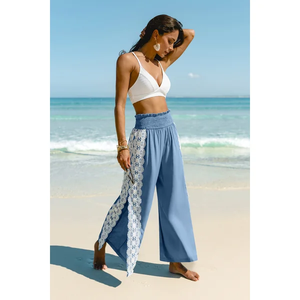 Pantalon de plage bleu taille smockée coupe ample