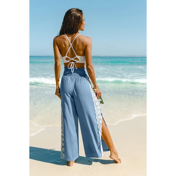Pantalon de plage bleu taille smockée coupe ample