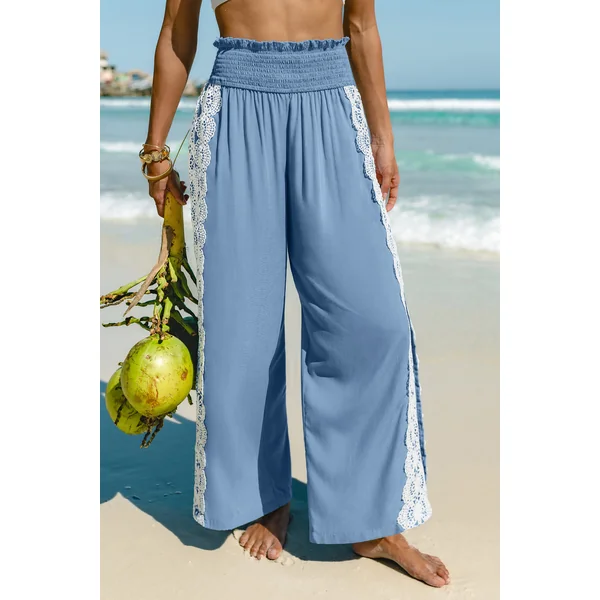 Pantalon de plage bleu taille smockée coupe ample