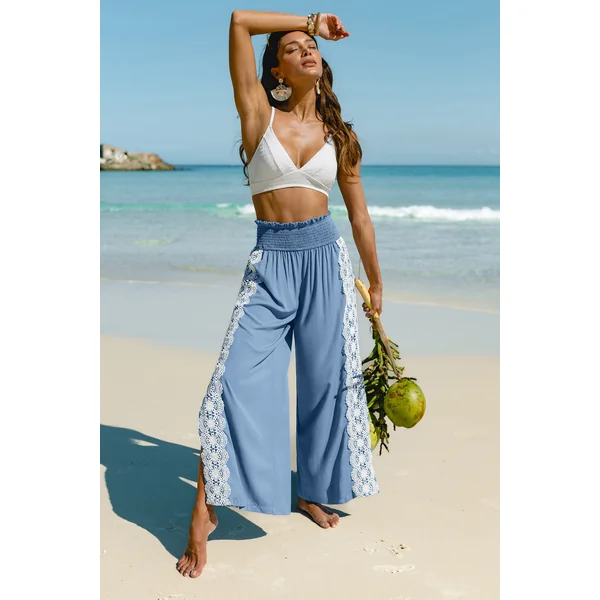 Pantalon de plage bleu taille smockée coupe ample