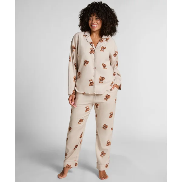 Pantalon droit en flanelle ours - Beige