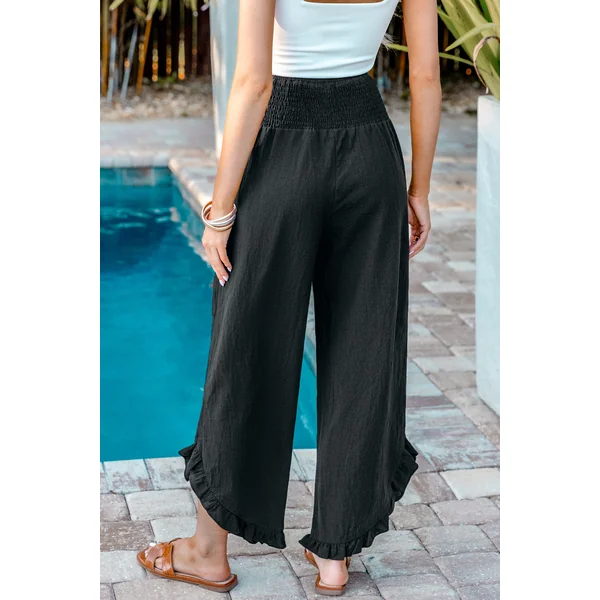 Pantalon en pur coton avec taille à smocks et jambe droite
