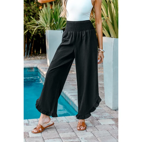 Pantalon en pur coton avec taille à smocks et jambe droite