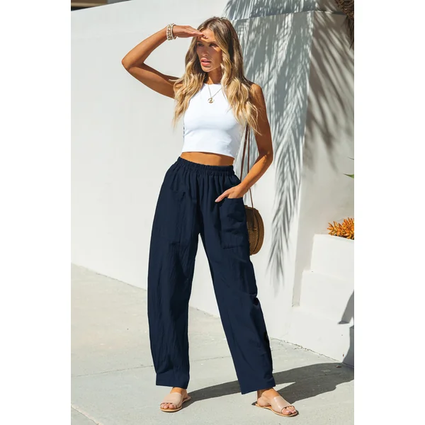 Pantalon en pur coton trapèze taille haute bleu marine