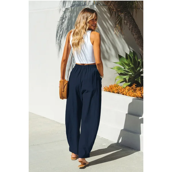Pantalon en pur coton trapèze taille haute bleu marine