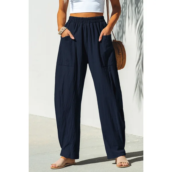 Pantalon en pur coton trapèze taille haute bleu marine