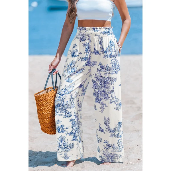 Pantalon floral jambe droite taille à smocks