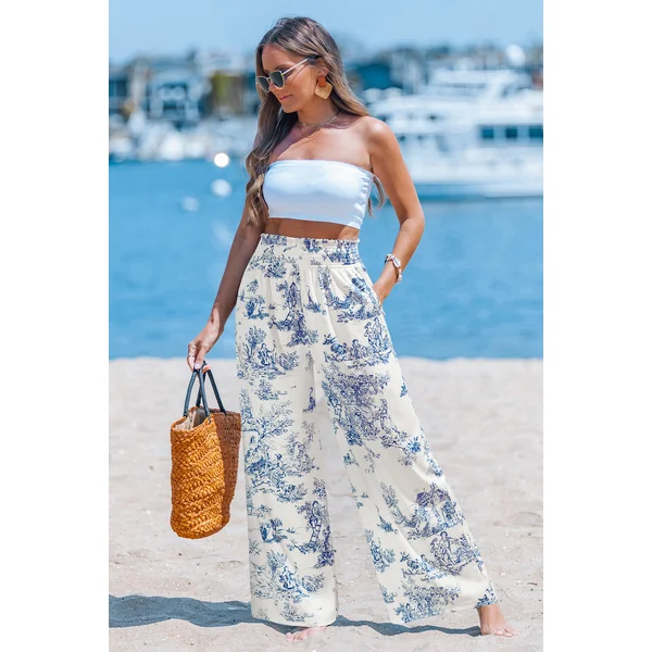Pantalon floral jambe droite taille à smocks