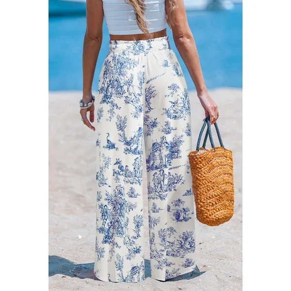 Pantalon floral jambe droite taille à smocks