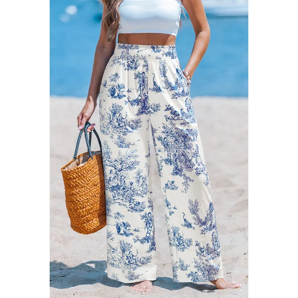 Pantalon floral jambe droite taille à smocks