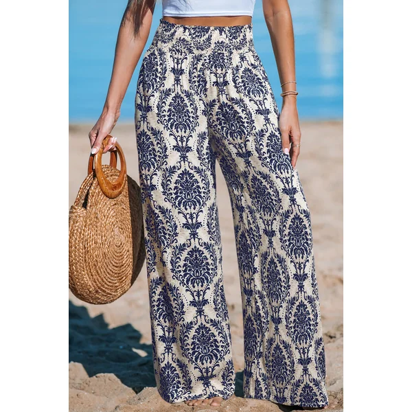 Pantalon jambe large taille à smocks