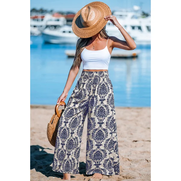 Pantalon jambe large taille à smocks