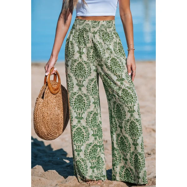 Pantalon vert damassé à jambe large