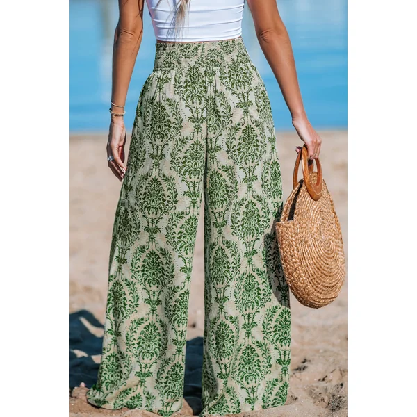 Pantalon vert damassé à jambe large