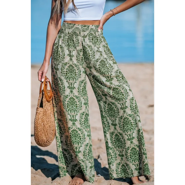 Pantalon vert damassé à jambe large