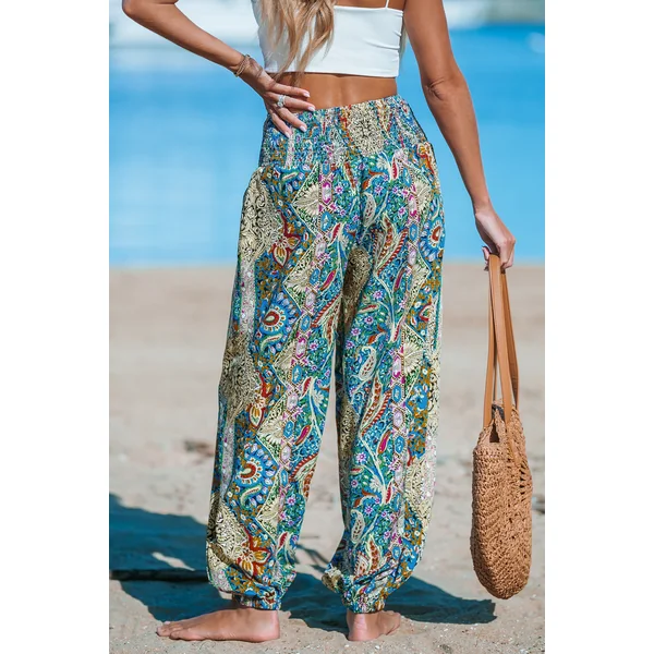 Pantalon à jambe trapèze avec taille à smocks paisley