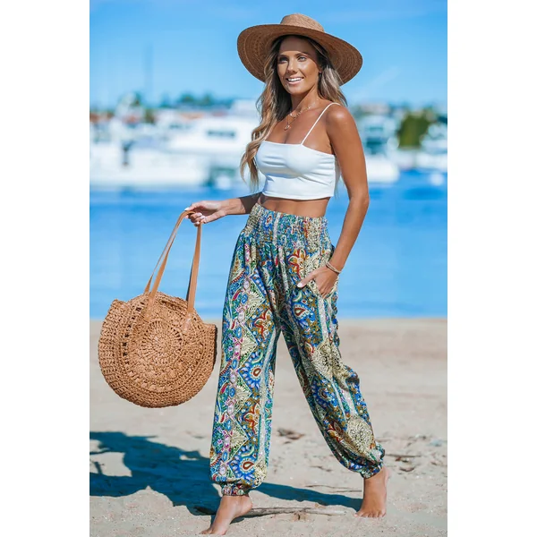 Pantalon à jambe trapèze avec taille à smocks paisley