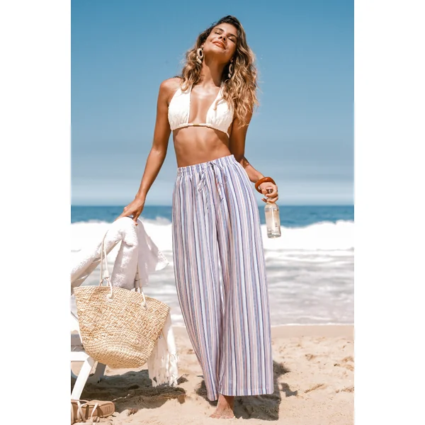 Pantalon à rayures taille élastique à jambe large