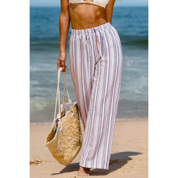 Pantalon à rayures taille élastique à jambe large