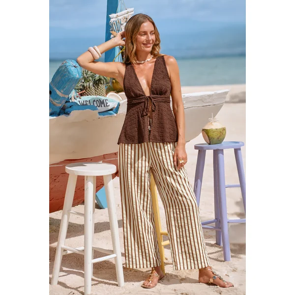 Pantalon à rayures taille élastique à poches