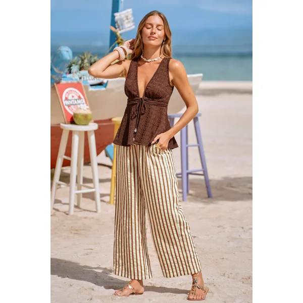Pantalon à rayures taille élastique à poches