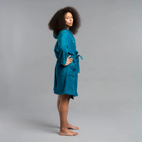 Peignoir de bain femme à capuche en coton épais bleu paon