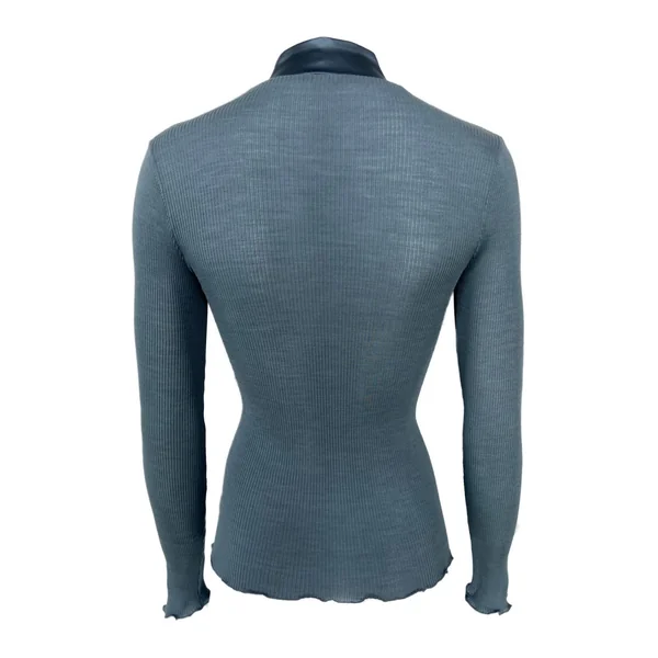 Pull bleu laine & soie col en V satiné Sucre