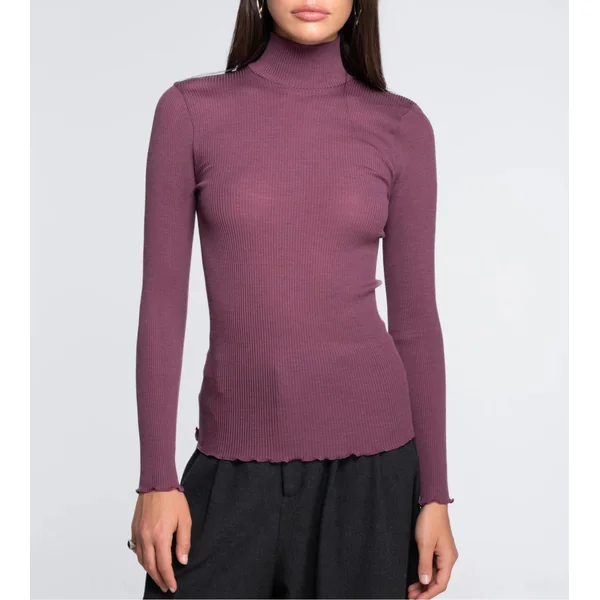 Pull col roulé Laine et Soie femme mauve Agata