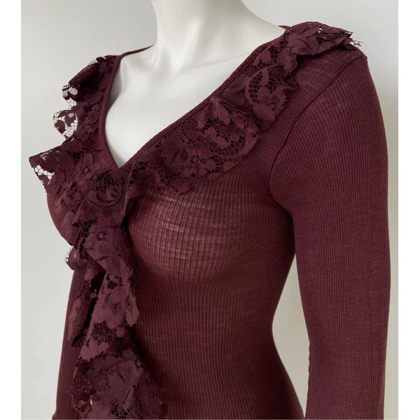 Pull fantaisie manches longues volants dentelle Cacao
