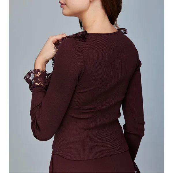 Pull fantaisie manches longues volants dentelle Cacao
