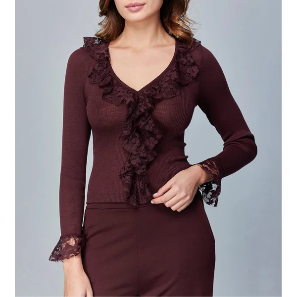 Pull fantaisie manches longues volants dentelle Cacao