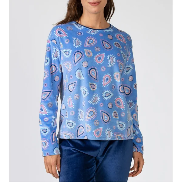 Pyjama en velours bleu pour femme imprimé coloré