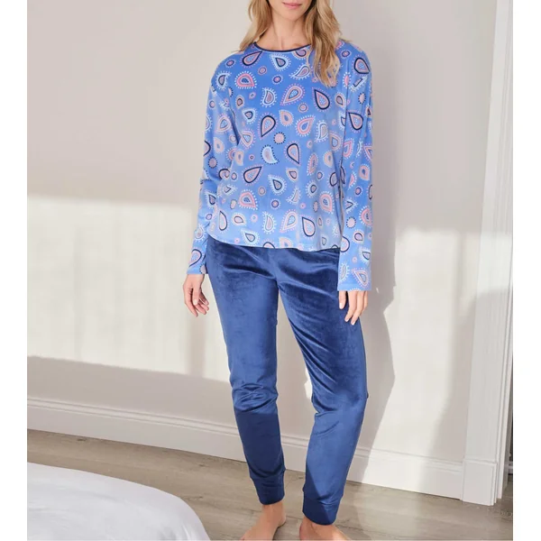 Pyjama en velours bleu pour femme imprimé coloré