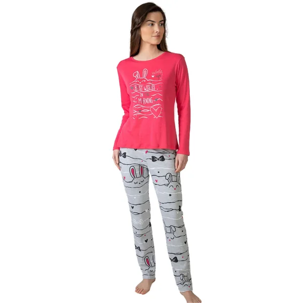 Pyjama femme manches longues rose et gris imprimé petits lapins