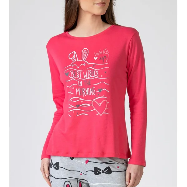 Pyjama femme manches longues rose et gris imprimé petits lapins