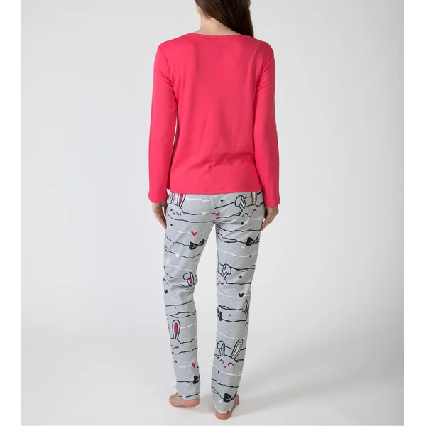 Pyjama femme manches longues rose et gris imprimé petits lapins