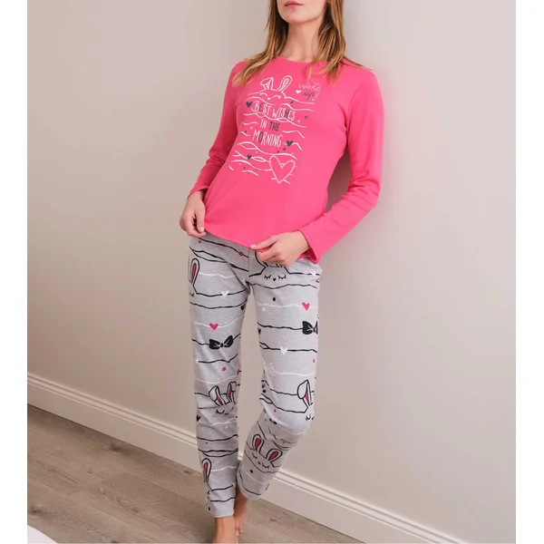 Pyjama femme manches longues rose et gris imprimé petits lapins