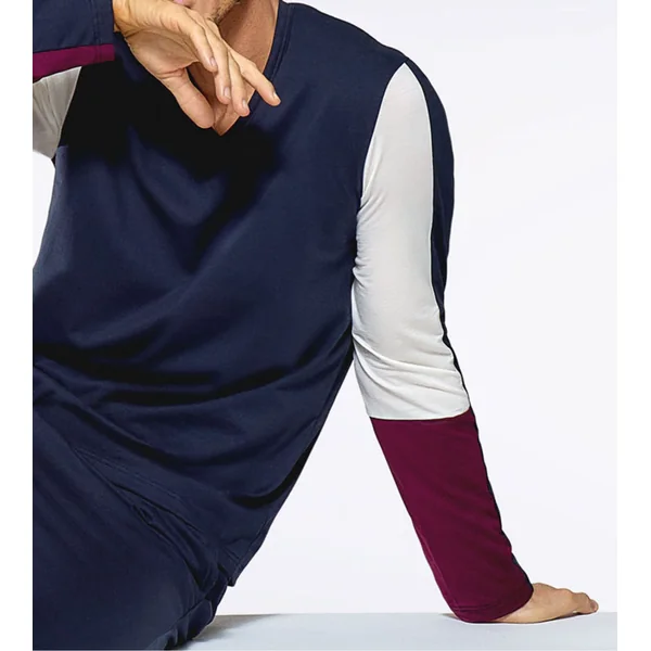 Pyjama homme col en V et pantalon resserré Marine/Blanc/Bordeaux
