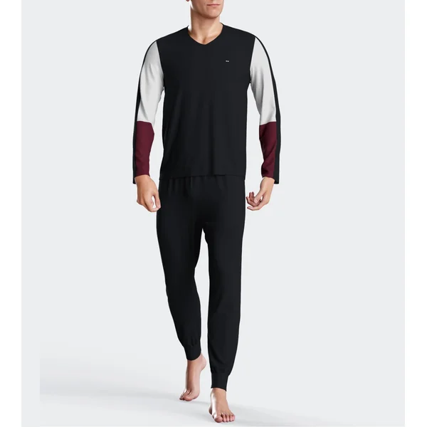 Pyjama homme col en V et pantalon resserré Marine/Blanc/Bordeaux