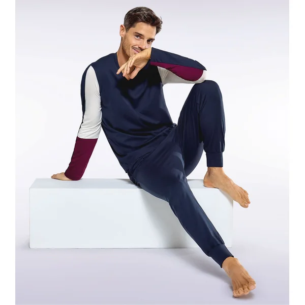 Pyjama homme col en V et pantalon resserré Marine/Blanc/Bordeaux